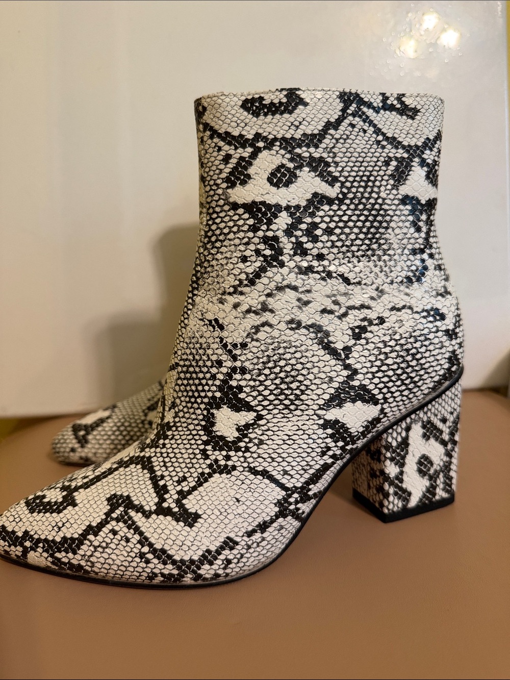 Snake-Effect Block Heel Ankle Boots - Black and White